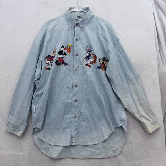 Vintage Looney Tunes Chambray Shirt mens L Blue Bugs Bunny Taz Embroidered - Picture 1 of 11